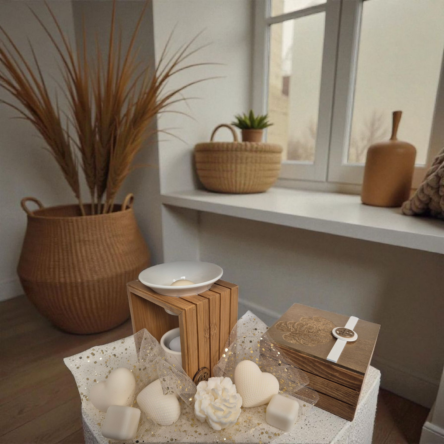 Coffret Brûleur à Fondants Parfumés & Boîte à Fondants Gravée (Blanc)