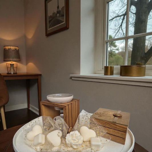 Coffret Brûleur à Fondants Parfumés & Boîte à Fondants Gravée (Beige-Or)