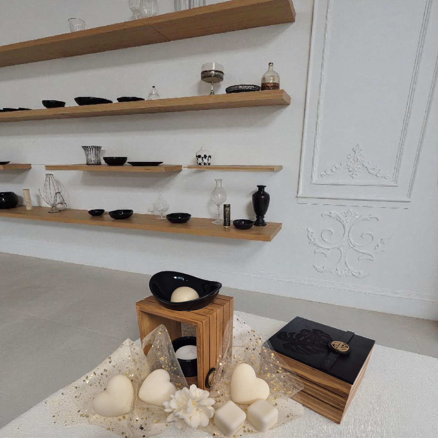 Coffret Brûleur à Fondants Parfumés & Boîte à Fondants Gravée (noir)