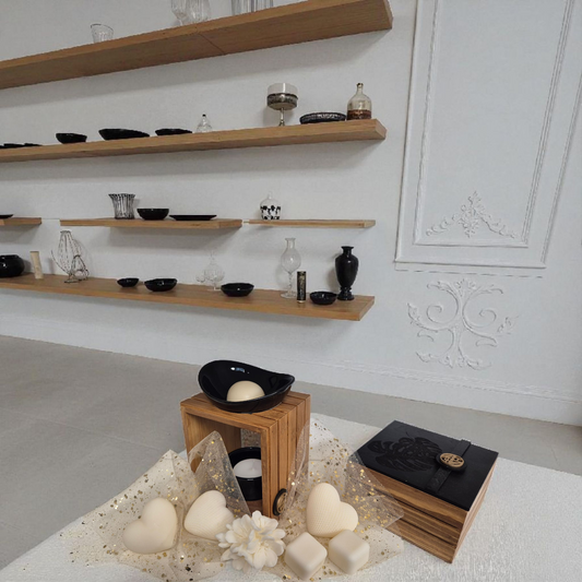 Coffret Brûleur à Fondants Parfumés & Boîte à Fondants Gravée (noir)