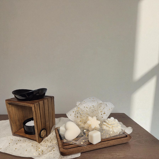 Coffret Brûleur à Fondants Parfumés & Plateau en Bois d’Acacia