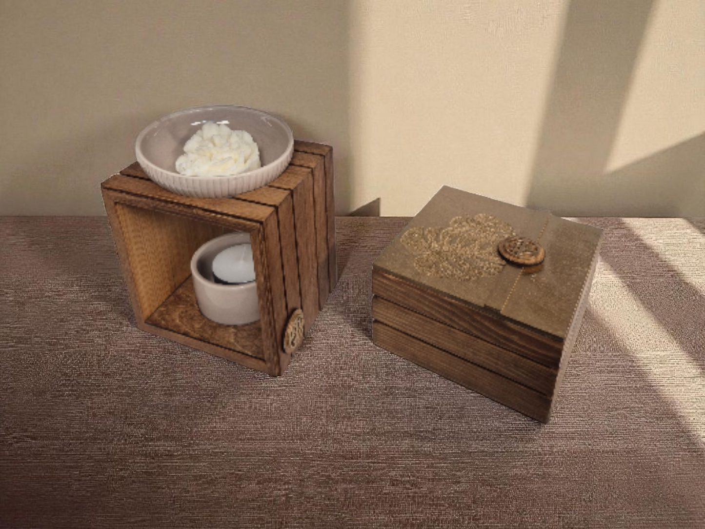 Coffret Brûleur à Fondants Parfumés & Boîte à Fondants Gravée (Beige-Or)