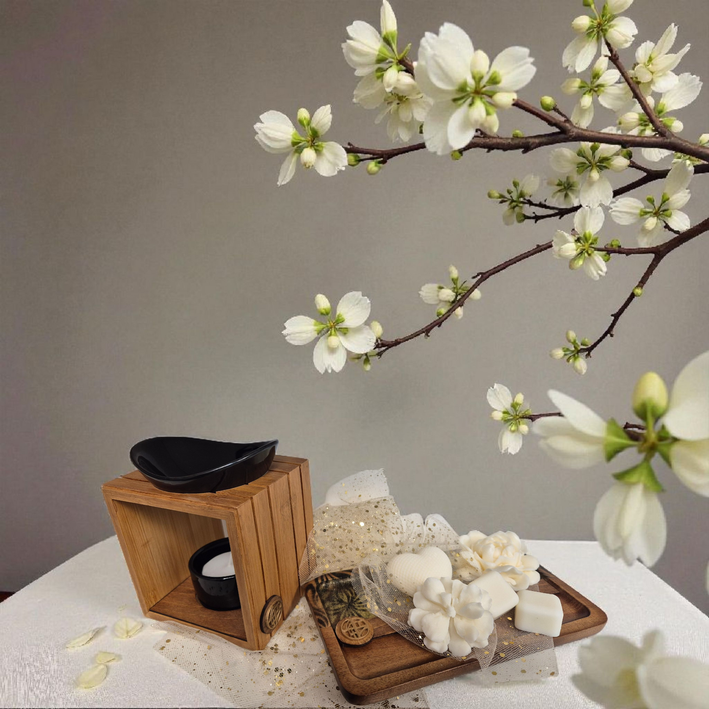 Coffret Brûleur à Fondants Parfumés & Plateau en Bois d’Acacia